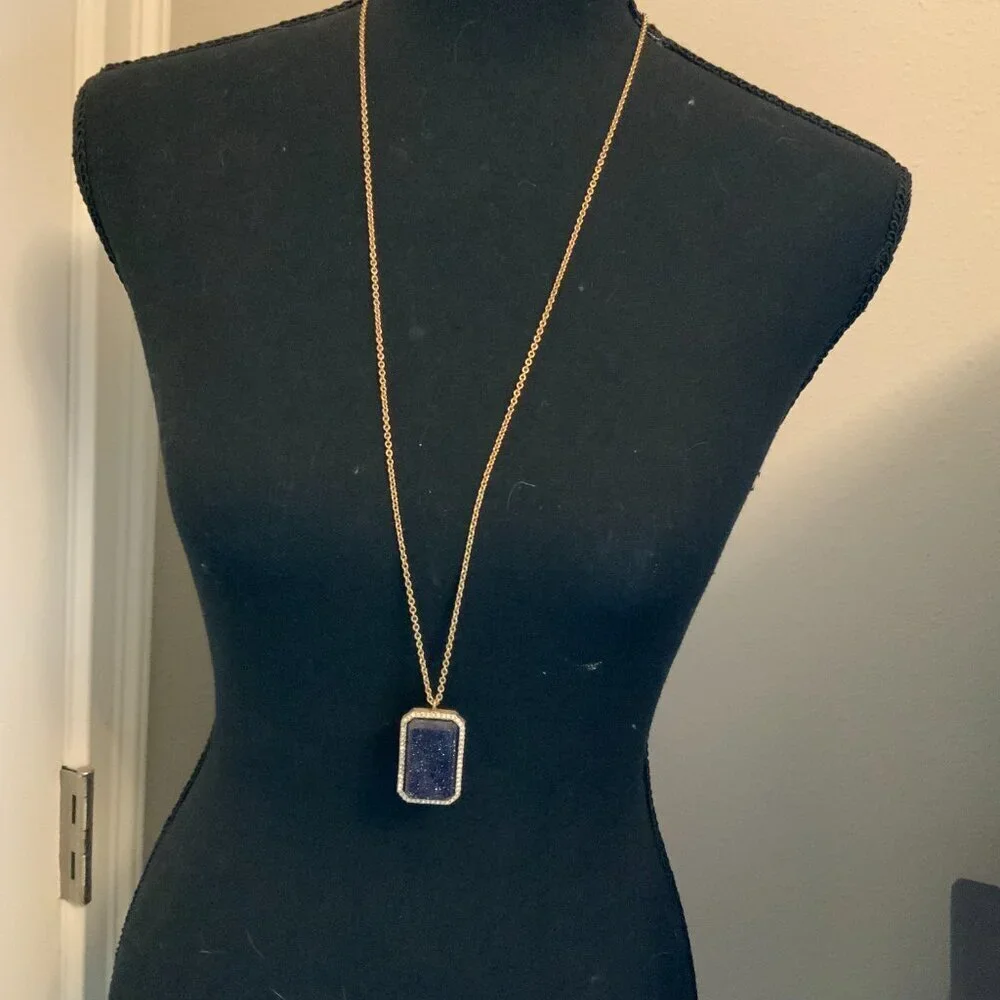 Kate Spade Night Sky Blue Emerald Cut Rectangle Pendant Gold Tone Chain Necklace